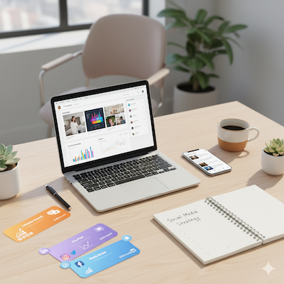 Business owner reviewing social media marketing packages on laptop